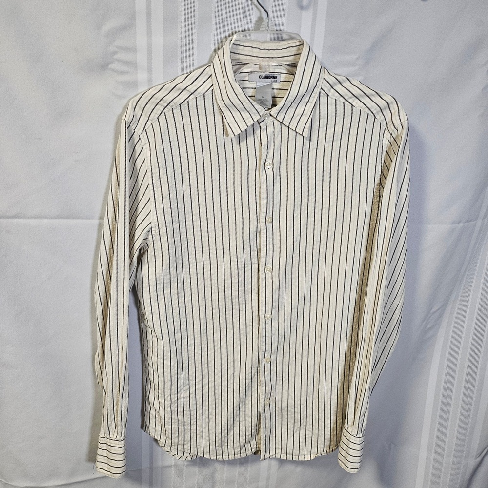 Claiborne Luxe Button Down Shirt Mens M Cream Black Striped Silk Cotton LS